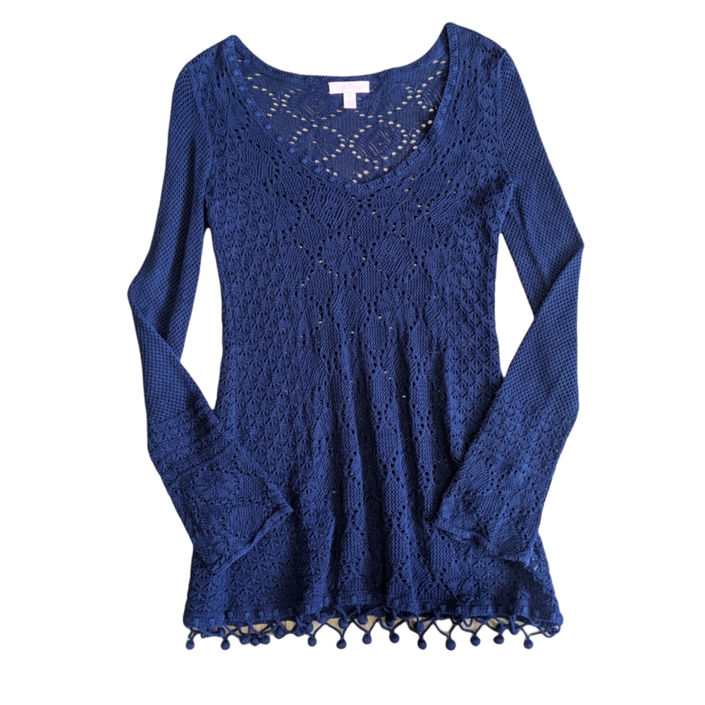 Lilly Pulitzer Women's Size XS Athena Ariel Blue Crochet Knit Pom Pom Sweater